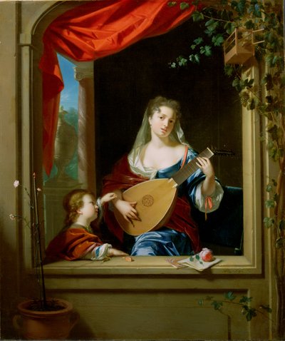 Elegant Lady Playing the Lute at a Window by Philip van Dyck